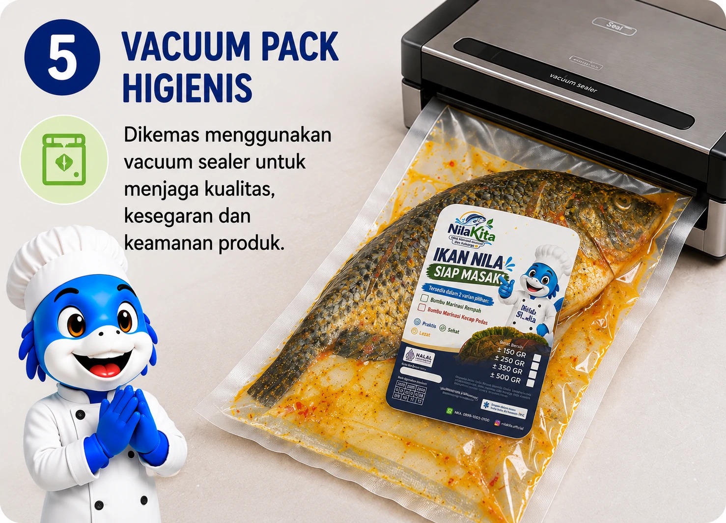 Ikan nila dikemas vacuum pack higienis